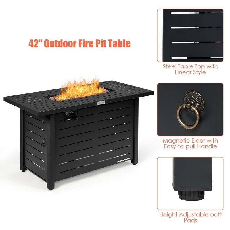 42" 60000 BTU Outdoor Propane Fire Pit Table Rectangular Gas Fire Table with Waterproof Cover & Lava Rock