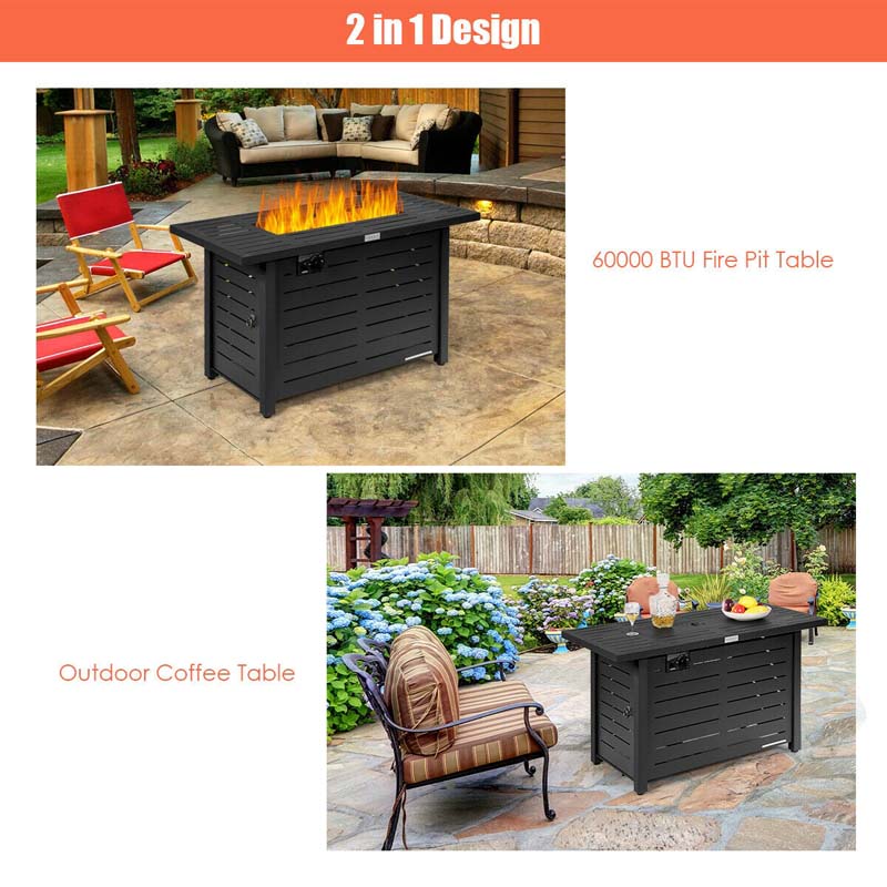 42" 60000 BTU Outdoor Propane Fire Pit Table Rectangular Gas Fire Table with Waterproof Cover & Lava Rock