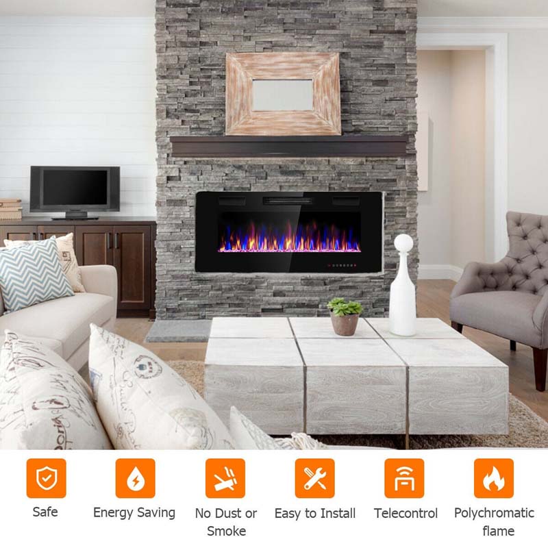 42" Ultra-Thin Electric Fireplace Insert, 1500W Recessed & Wall-mounted Fireplace Heater with 12 Flame Colors