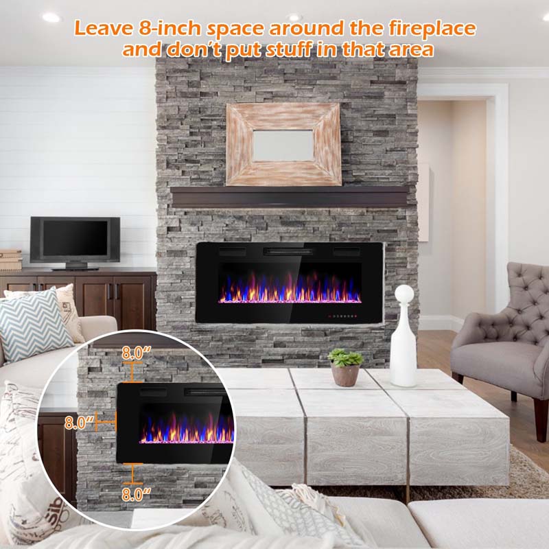 42" Ultra-Thin Electric Fireplace Insert, 1500W Recessed & Wall-mounted Fireplace Heater with 12 Flame Colors