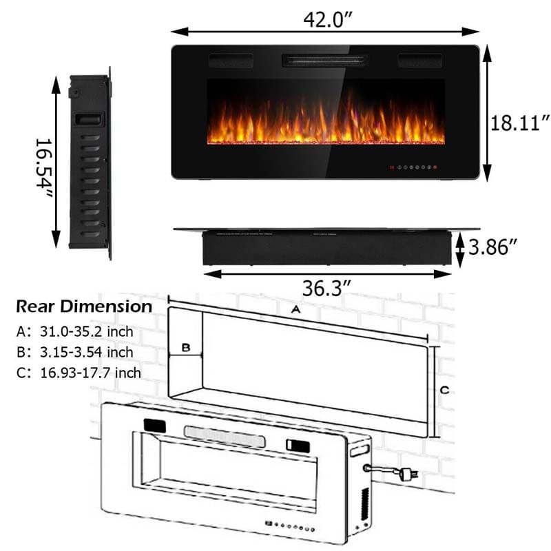 42" Ultra-Thin Electric Fireplace Insert, 1500W Recessed & Wall-mounted Fireplace Heater with 12 Flame Colors