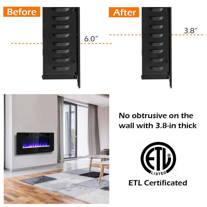 42" Ultra-Thin Electric Fireplace Insert, 1500W Recessed & Wall-mounted Fireplace Heater with 12 Flame Colors