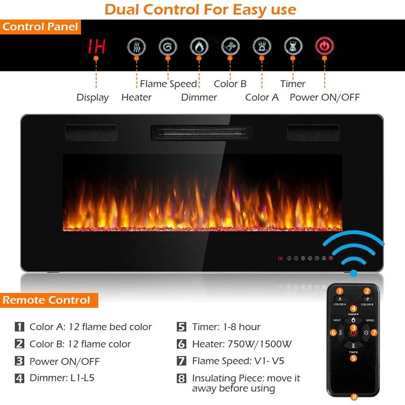 42" Ultra-Thin Electric Fireplace Insert, 1500W Recessed & Wall-mounted Fireplace Heater with 12 Flame Colors