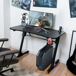 Z-Shaped LED Gaming Desk, 43.5 Inch Height Adjustable Computer Desk, Carbon Fiber Desk with Gaming Handle Rack & Cup Holder