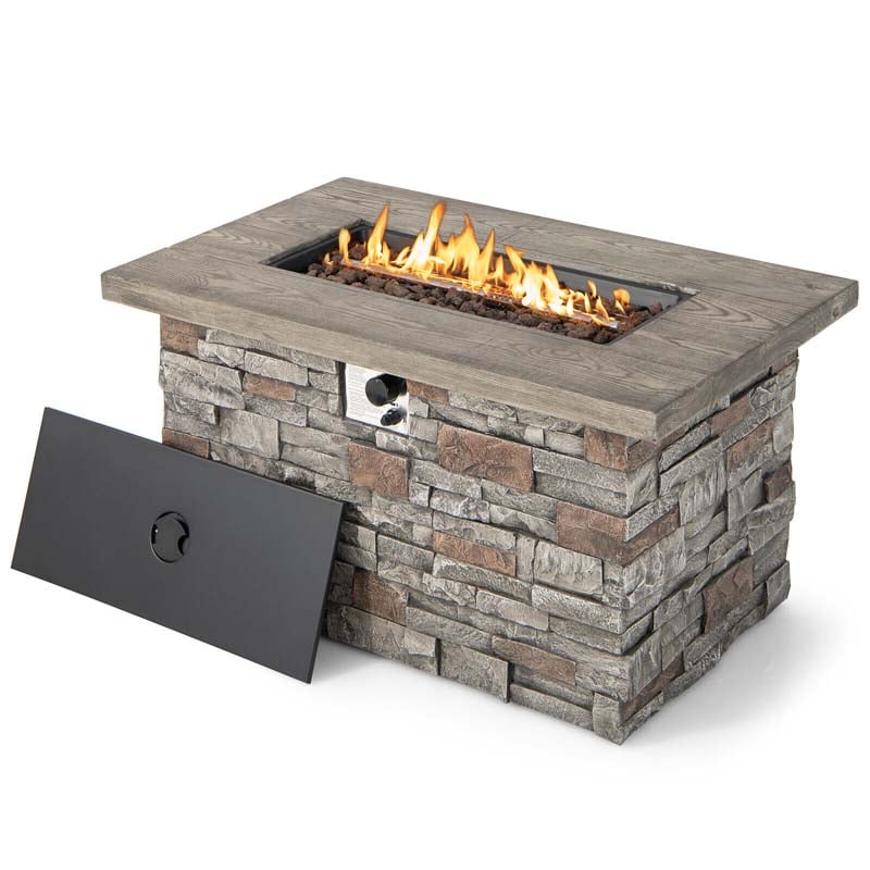 43.5" Faux Stone Rectangular Propane Fire Pit Table, 50000 BTU Gas Fire Table with Lava Rocks & PVC Cover