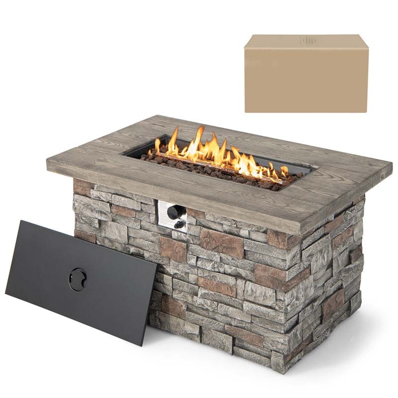 43.5" Faux Stone Rectangular Propane Fire Pit Table, 50000 BTU Gas Fire Table with Lava Rocks & PVC Cover