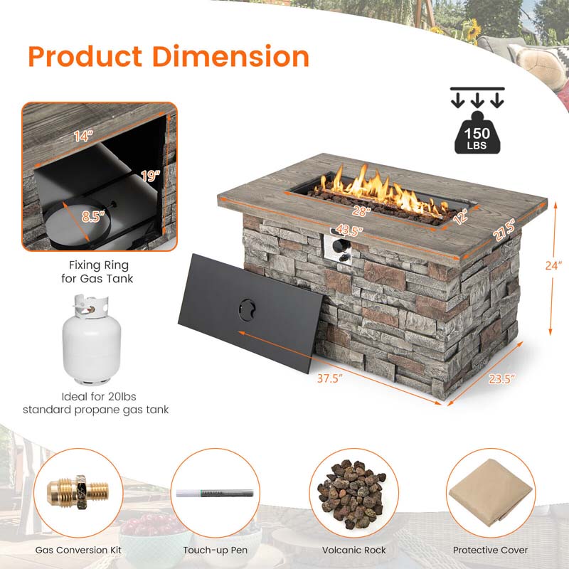 43.5" Faux Stone Rectangular Propane Fire Pit Table, 50000 BTU Gas Fire Table with Lava Rocks & PVC Cover
