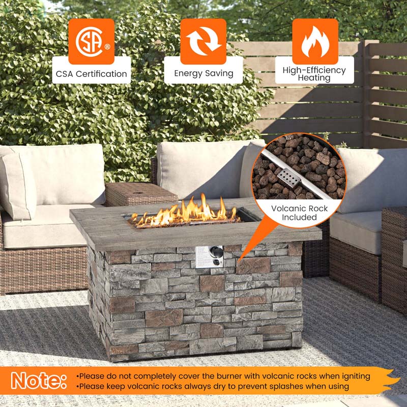 43.5" Faux Stone Rectangular Propane Fire Pit Table, 50000 BTU Gas Fire Table with Lava Rocks & PVC Cover