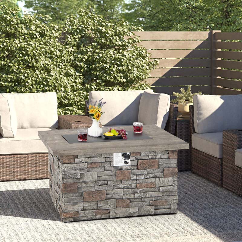 43.5" Faux Stone Rectangular Propane Fire Pit Table, 50000 BTU Gas Fire Table with Lava Rocks & PVC Cover