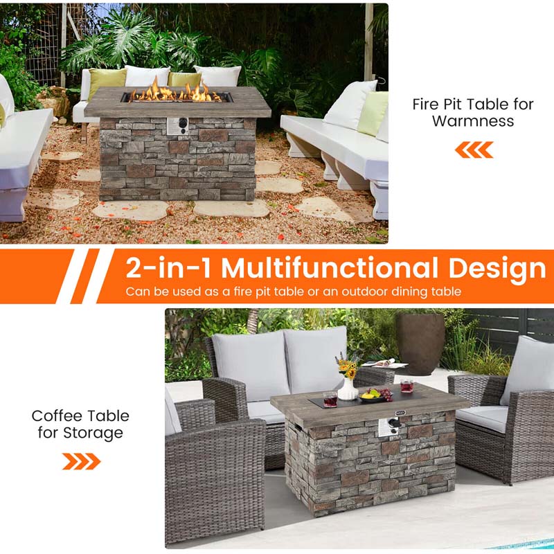 43.5" Faux Stone Rectangular Propane Fire Pit Table, 50000 BTU Gas Fire Table with Lava Rocks & PVC Cover
