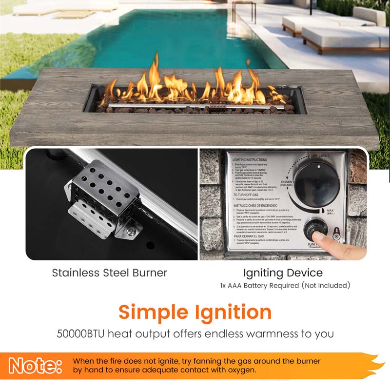 43.5" Faux Stone Rectangular Propane Fire Pit Table, 50000 BTU Gas Fire Table with Lava Rocks & PVC Cover