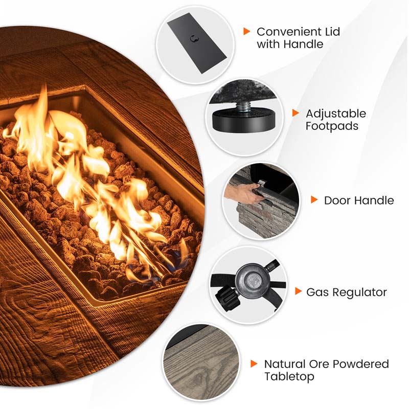 43.5" Faux Stone Rectangular Propane Fire Pit Table, 50000 BTU Gas Fire Table with Lava Rocks & PVC Cover