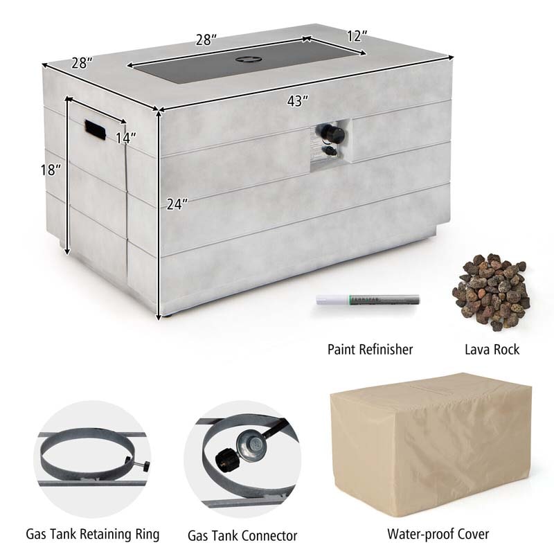 43" Concrete Rectangular Gas Fire Table, 50000 BTU Outdoor Propane Fire Pit Table with Lava Rocks & Cover