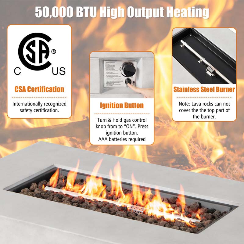 43" Concrete Rectangular Gas Fire Table, 50000 BTU Outdoor Propane Fire Pit Table with Lava Rocks & Cover