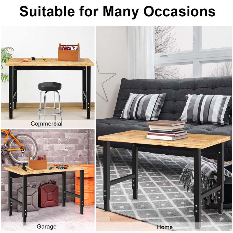 48" Adjustable Bamboo Workbench for Garage, 1500 LBS Heavy-Duty Work Table Hardwood Workstation