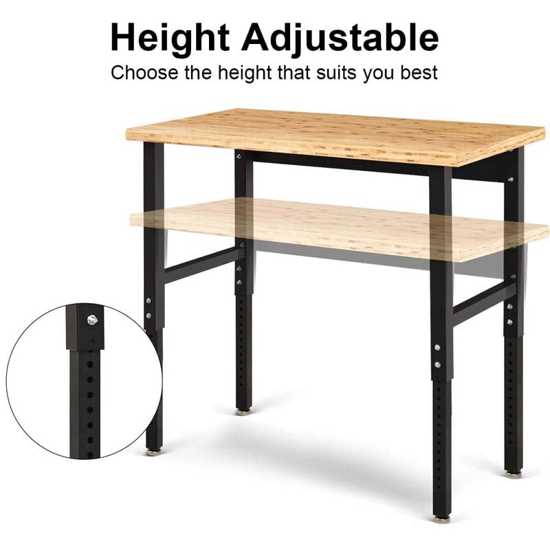 48" Adjustable Bamboo Workbench for Garage, 1500 LBS Heavy-Duty Work Table Hardwood Workstation