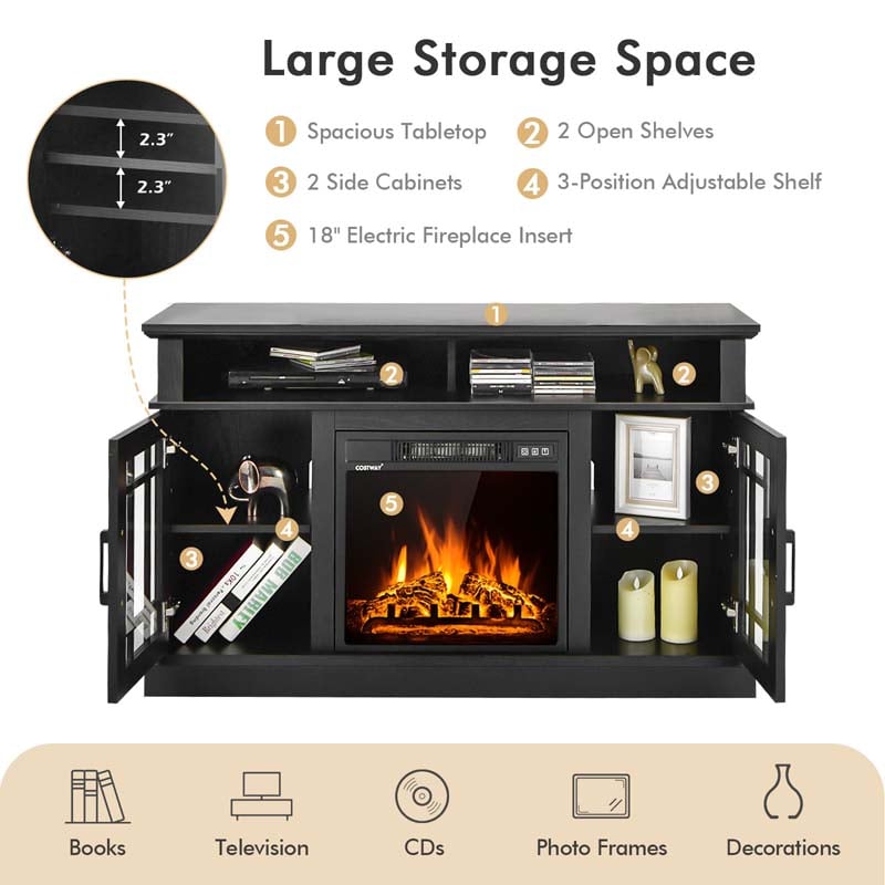 48" Electric Fireplace TV Stand for TVs Up to 55", Modern Wood Media Console with 18" Fireplace Heater, Remote Control & Adjustable Shelves
