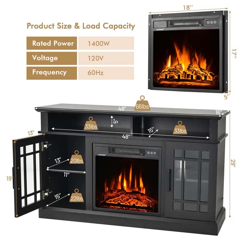 48" Electric Fireplace TV Stand for TVs Up to 55", Modern Wood Media Console with 18" Fireplace Heater, Remote Control & Adjustable Shelves