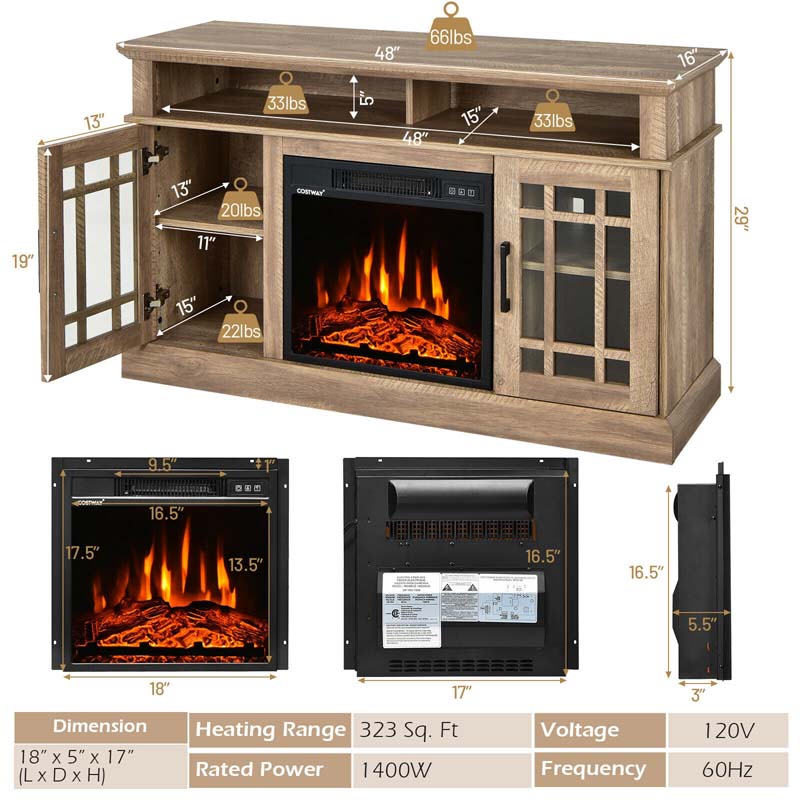 48" Electric Fireplace TV Stand for TVs Up to 55", Modern Wood Media Console with 18" Fireplace Heater, Remote Control & Adjustable Shelves