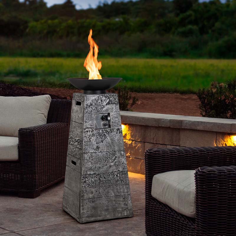 48" Propane Fire Bowl Column, 30000 BTU Outdoor Propane Gas Fire Pit Bowl with Lava Rocks & PVC Cover