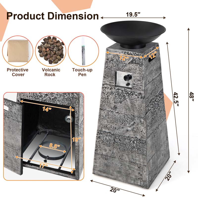 48" Propane Fire Bowl Column, 30000 BTU Outdoor Propane Gas Fire Pit Bowl with Lava Rocks & PVC Cover