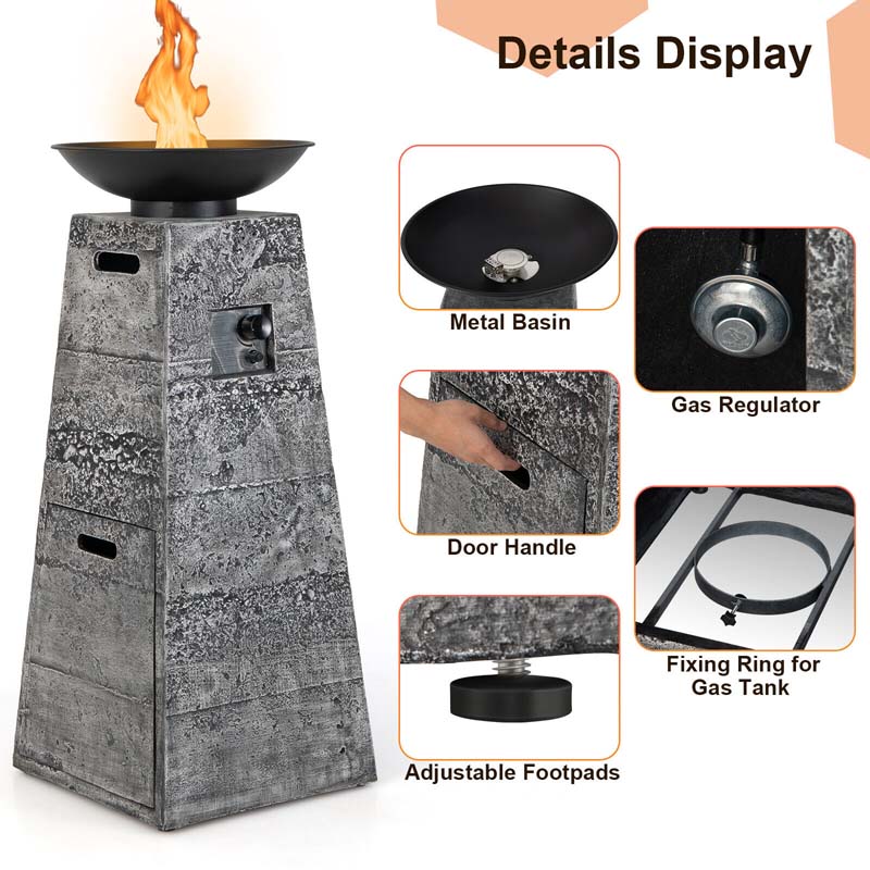 48" Propane Fire Bowl Column, 30000 BTU Outdoor Propane Gas Fire Pit Bowl with Lava Rocks & PVC Cover