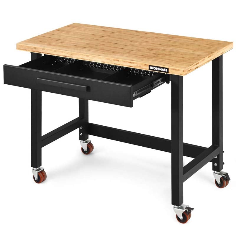 48" Mobile Workbench with Sliding Organizer Drawer & Two Lockable Casters, Bamboo Tabletop Workstation