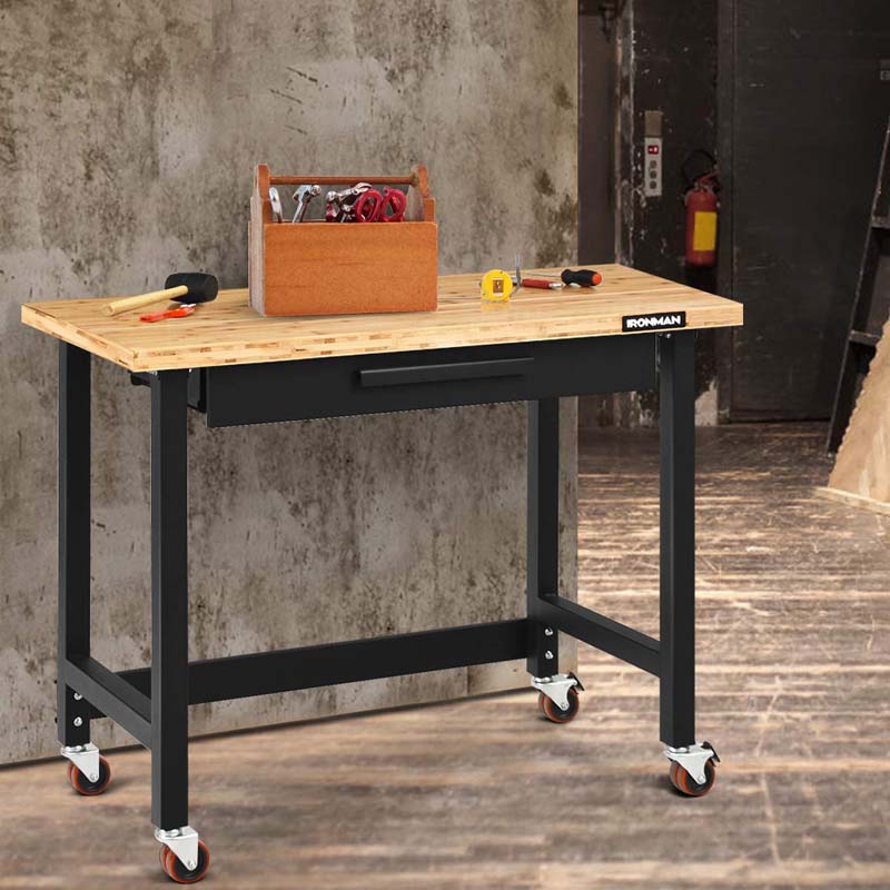 48" Mobile Workbench with Sliding Organizer Drawer & Two Lockable Casters, Bamboo Tabletop Workstation
