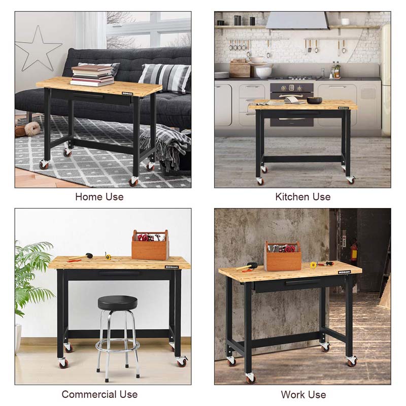 48" Mobile Workbench with Sliding Organizer Drawer & Two Lockable Casters, Bamboo Tabletop Workstation