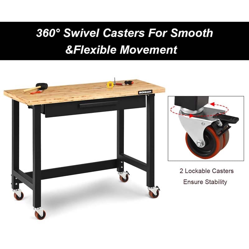 48" Mobile Workbench with Sliding Organizer Drawer & Two Lockable Casters, Bamboo Tabletop Workstation