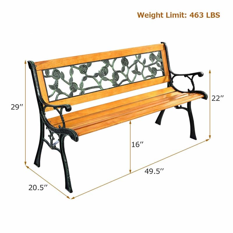 50" Garden Park Bench Cast Iron & Hardwood Weatherproof Outdoor Bench Patio Porch Loveseat Chair