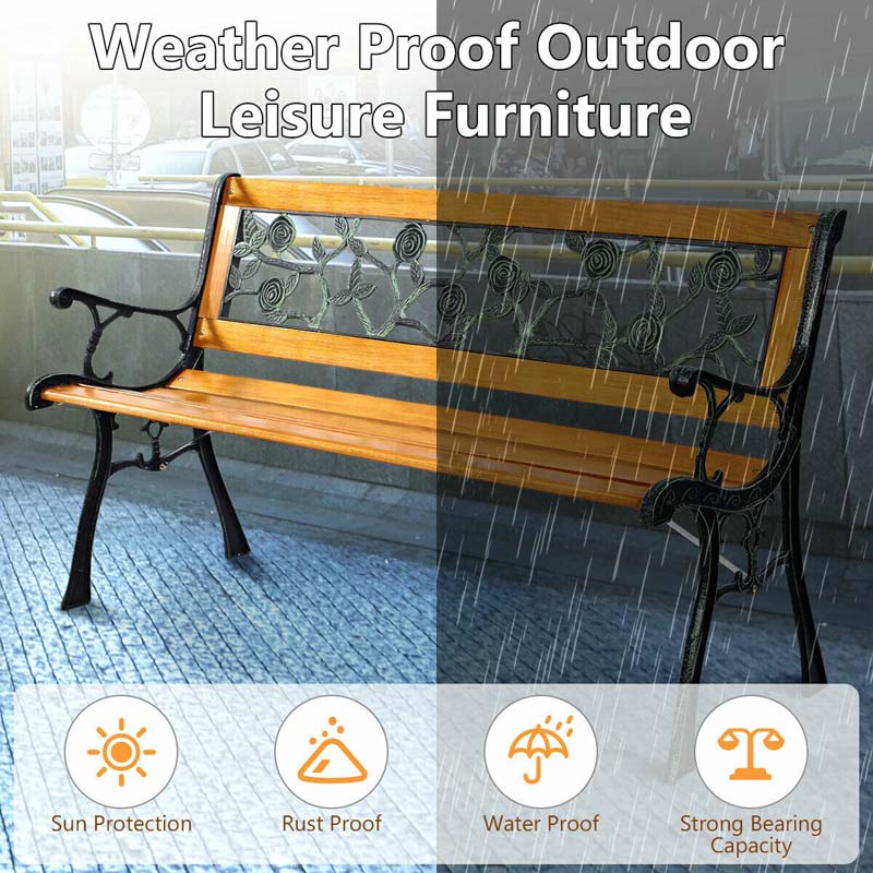 50" Garden Park Bench Cast Iron & Hardwood Weatherproof Outdoor Bench Patio Porch Loveseat Chair