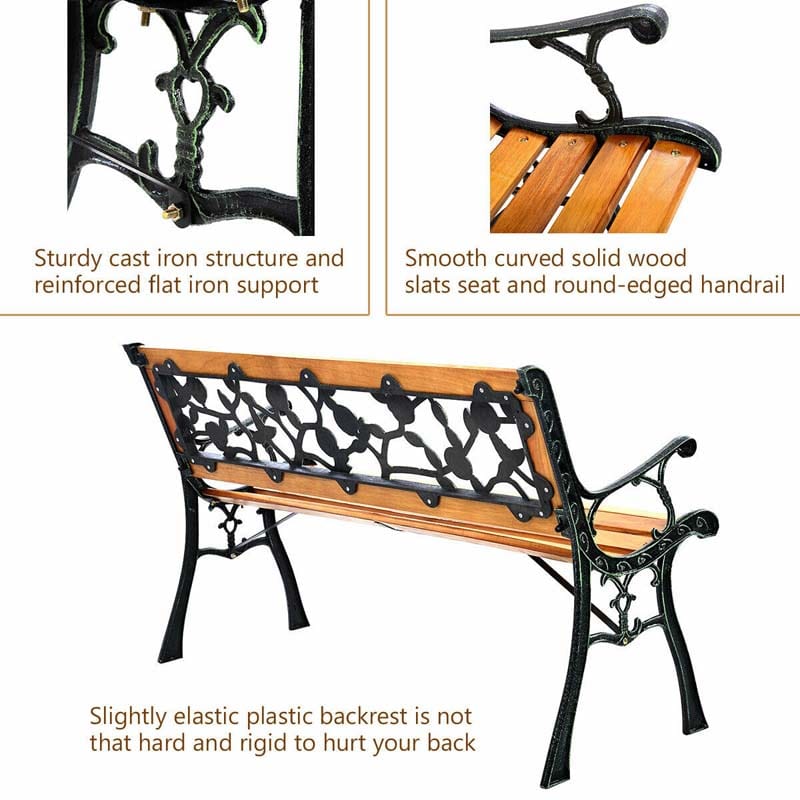 50" Garden Park Bench Cast Iron & Hardwood Weatherproof Outdoor Bench Patio Porch Loveseat Chair