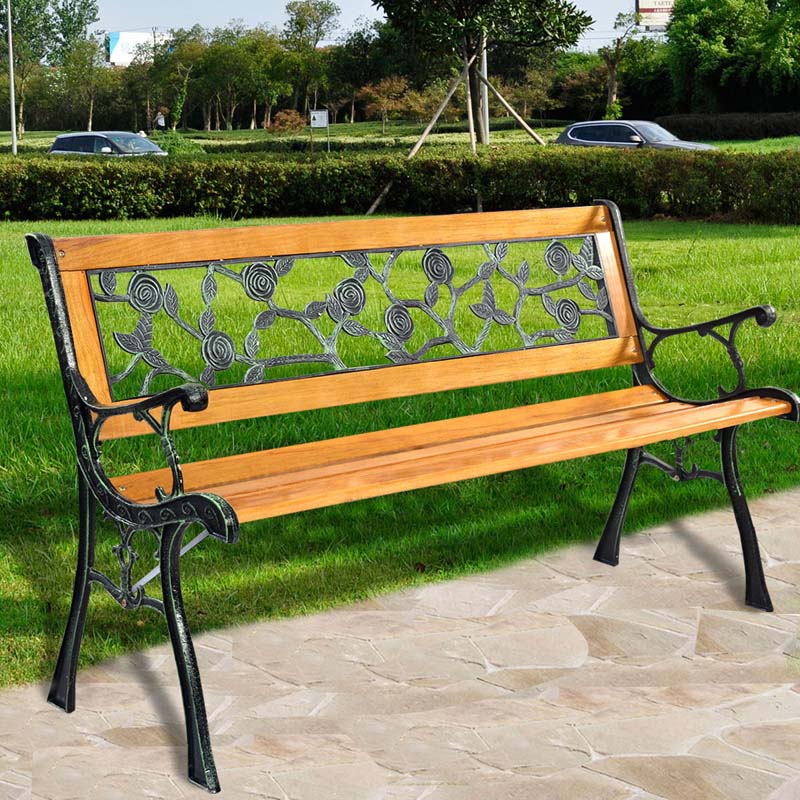 50" Garden Park Bench Cast Iron & Hardwood Weatherproof Outdoor Bench Patio Porch Loveseat Chair