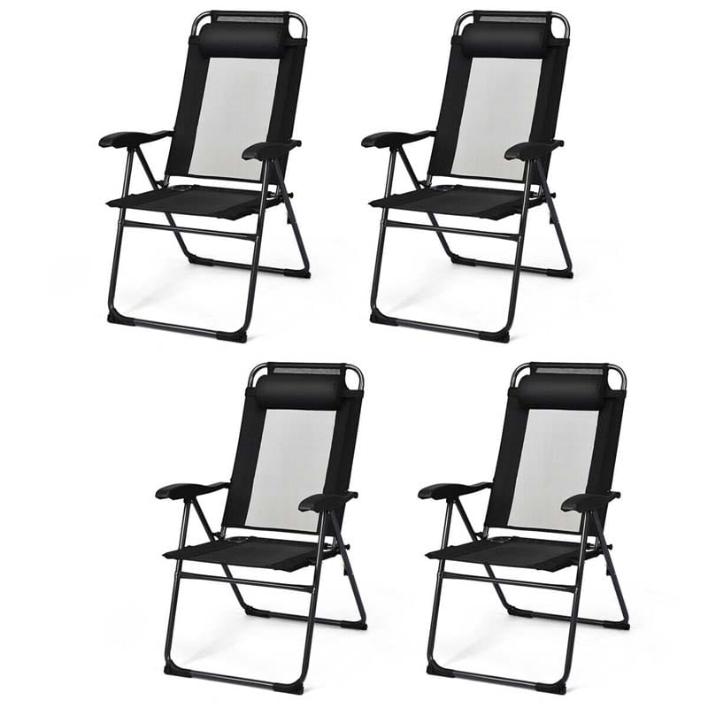 Set of 4 Patio Dining Chairs, 7-Positon Folding Lounge Chairs, Outdoor Portable Sling Chairs with Metal Frame