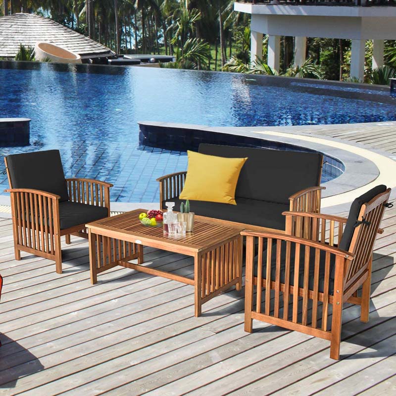 4 Pcs Outdoor Acacia Wood Sofa Set Patio Conversation Furniture Set with Cushions & Coffee Table