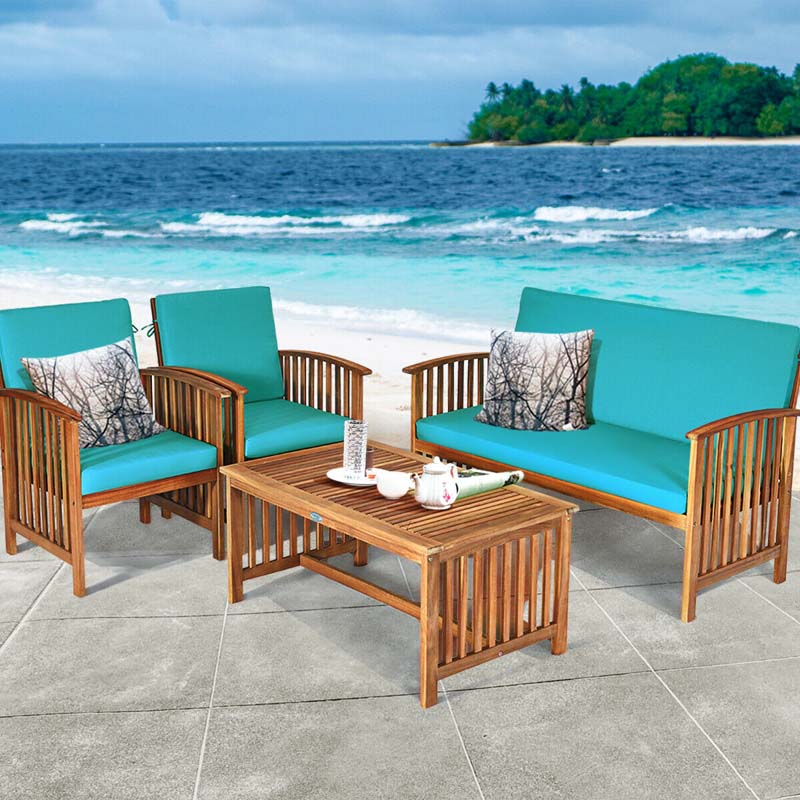 4 Pcs Outdoor Acacia Wood Sofa Set Patio Conversation Furniture Set with Cushions & Coffee Table