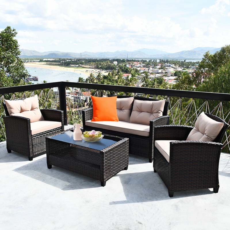 4 Pcs Rattan Patio Furniture Conversation Set Outdoor Wicker Sofa Set with Lower Shelf Coffee Table
