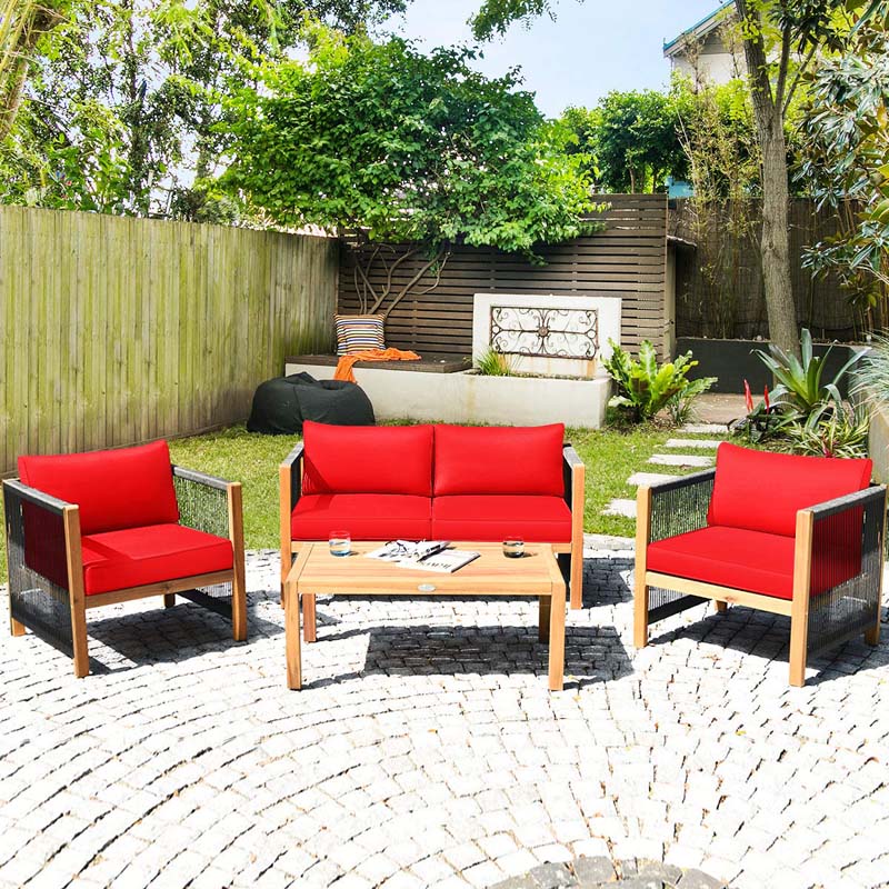 4 Pcs Acacia Wood Outdoor Loveseat Sofa Set with 2 Single Chairs & Coffee Table, Cushions