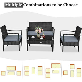 4 Pcs Wicker Patio Conversation Furniture Set Outdoor Rattan Sofa Set with Coffee Table & Washable Cushions