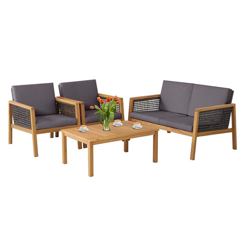 4 Pcs Outdoor Acacia Wood Furniture Set Rattan Patio Conversation Sofa Set with Coffee Table & Soft Cushions