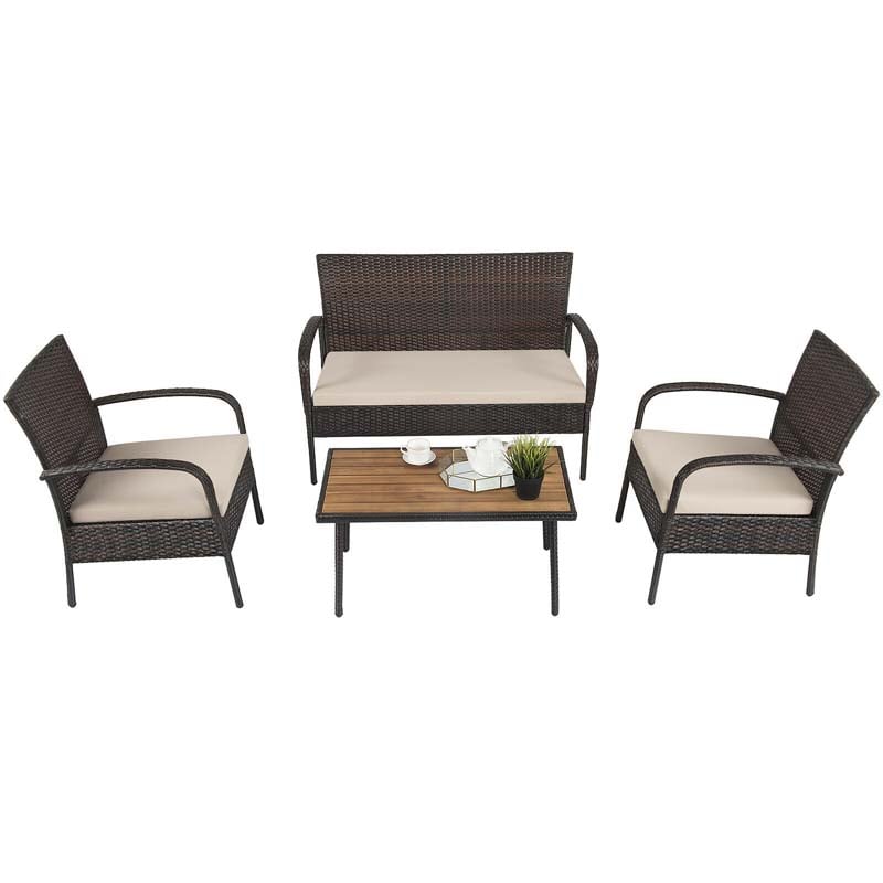 4 Pcs Rattan Patio Conversation Furniture Set Wicker Outdoor Sofa Set with Cushions & Acacia Wood Tabletop