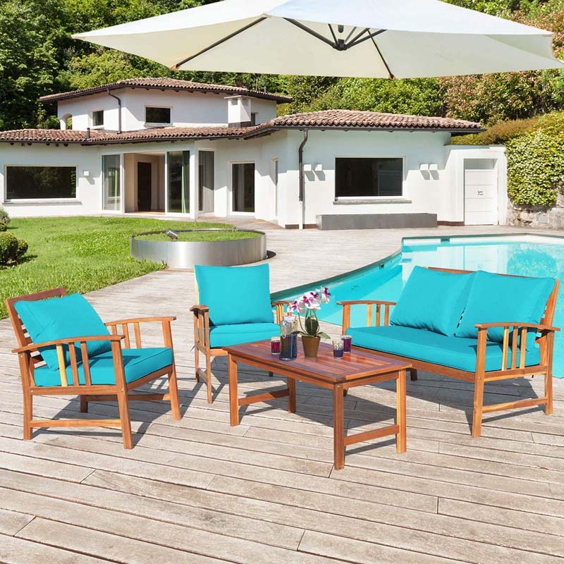 4 Pcs Acacia Wood Patio Furniture Set Outdoor Sofa Chair Conversation Set with Seat & Back Cushions