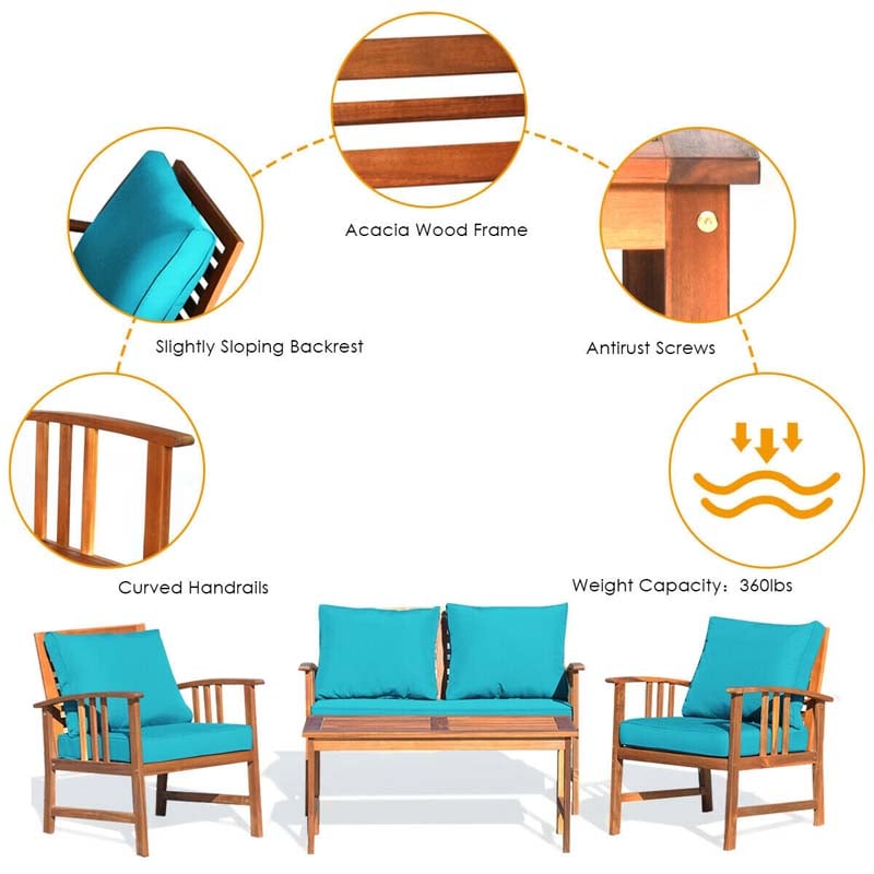 4 Pcs Acacia Wood Patio Furniture Set Outdoor Sofa Chair Conversation Set with Seat & Back Cushions