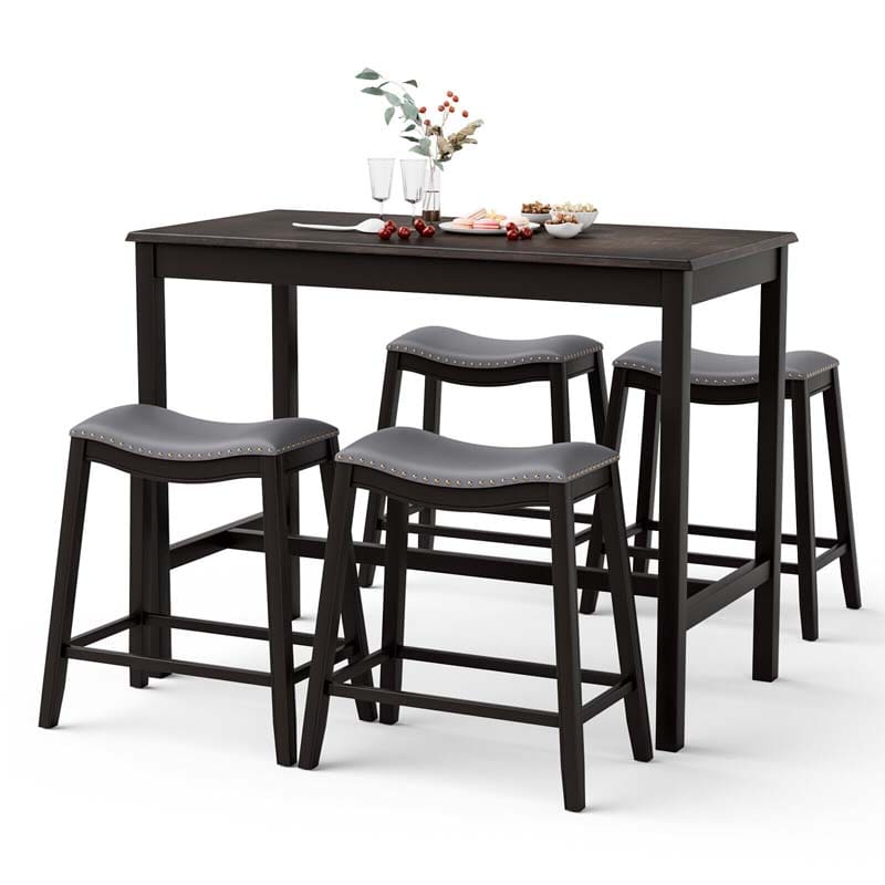5-Piece Dining Table Set for 4, Counter Height Kitchen Table with 4 Upholstered Saddle Stools for Bistro Dining Rooms, Small Spaces