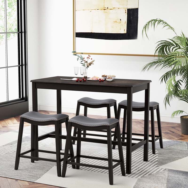5-Piece Dining Table Set for 4, Counter Height Kitchen Table with 4 Upholstered Saddle Stools for Bistro Dining Rooms, Small Spaces