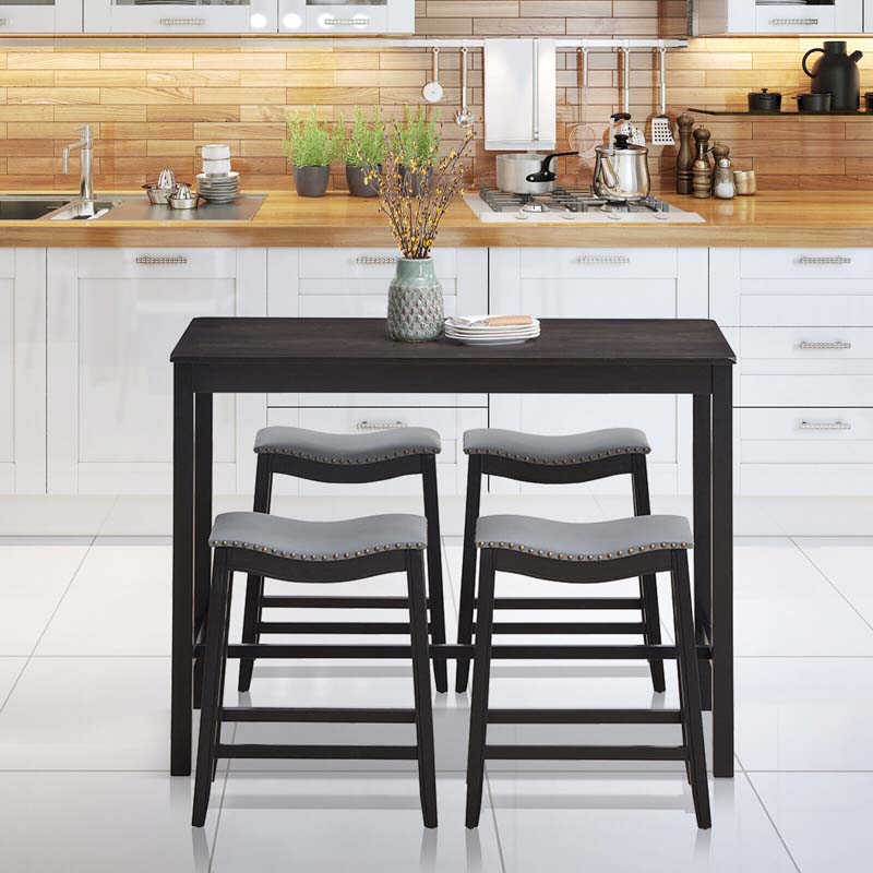 5-Piece Dining Table Set for 4, Counter Height Kitchen Table with 4 Upholstered Saddle Stools for Bistro Dining Rooms, Small Spaces