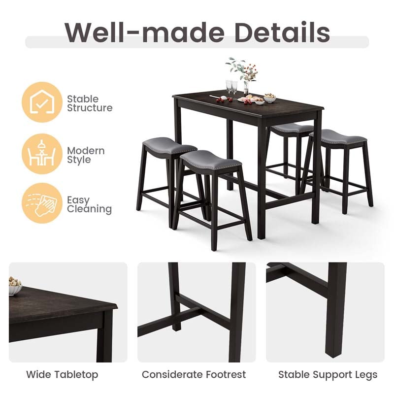 5-Piece Dining Table Set for 4, Counter Height Kitchen Table with 4 Upholstered Saddle Stools for Bistro Dining Rooms, Small Spaces
