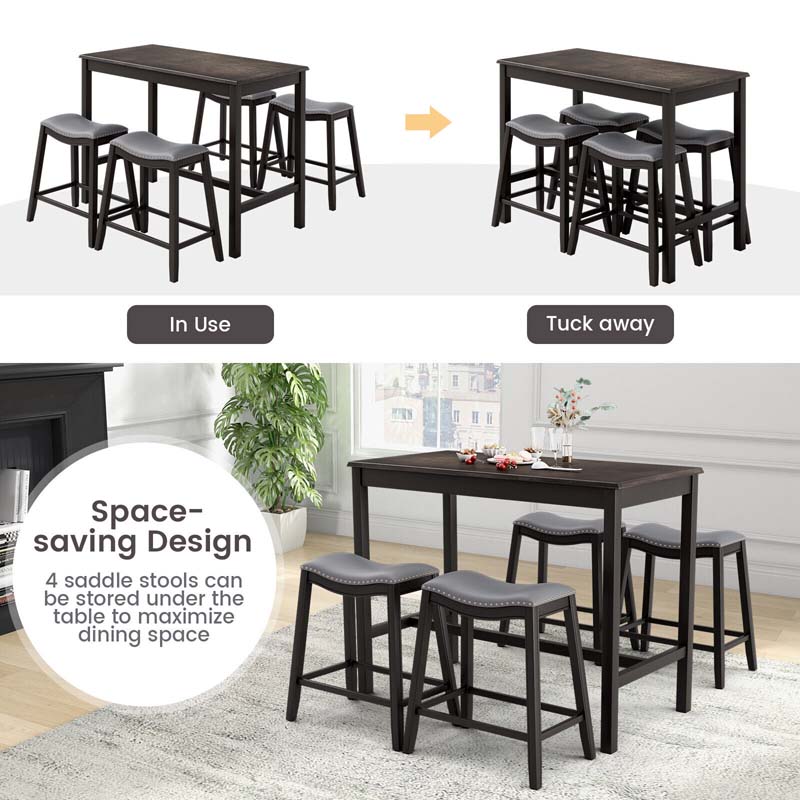 5-Piece Dining Table Set for 4, Counter Height Kitchen Table with 4 Upholstered Saddle Stools for Bistro Dining Rooms, Small Spaces
