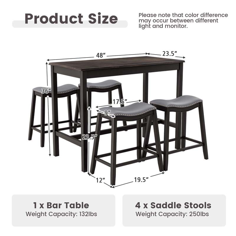 5-Piece Dining Table Set for 4, Counter Height Kitchen Table with 4 Upholstered Saddle Stools for Bistro Dining Rooms, Small Spaces